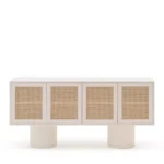 Modern-plaster-finish-buffet-with-cane-panel-doors-open-showing-internal-shelves-and-cylindrical-pedestal-legs-2.webp